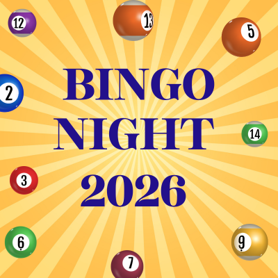 Bingo Night 2026 text on a yellow sunburst background with colorful numbered bingo balls around the edges.