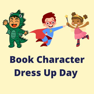 Illustration of children dressed as book characters celebrating Dress Up Day.
