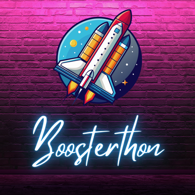 Colorful cartoon logo featuring a rocket ship with a blue and purple space background, accompanied by the text "Boosterthon" in stylish neon script.