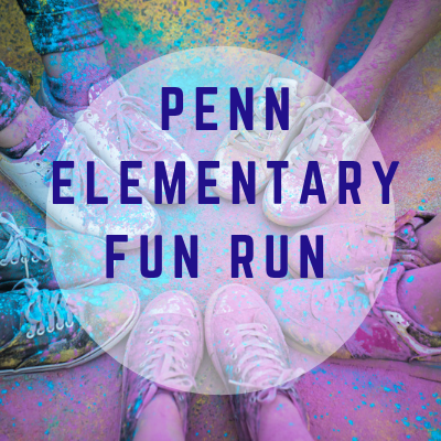 Promotional graphic reading “PENN ELEMENTARY FUN RUN” over a circle of sneakers arranged in a ring on a colorful, paint-splattered background.