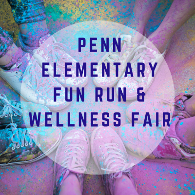 Top-down view of several pairs of sneakers arranged in a circle on a colorful, paint-splattered surface, with overlaid text reading “PENN ELEMENTARY FUN RUN &amp; WELLNESS FAIR.”.