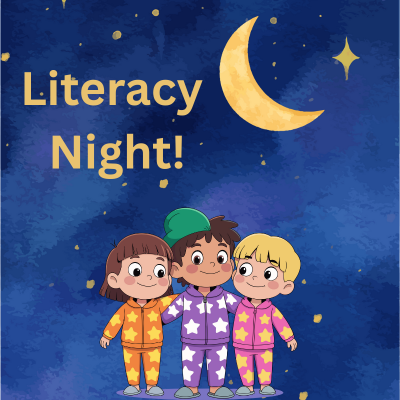 Colorful illustration of three children in pajamas, celebrating Literacy Night against a starry night background.