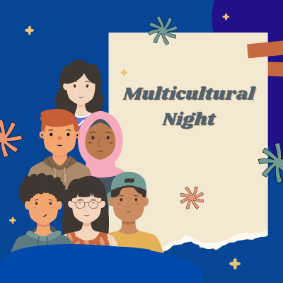 Cartoon flyer featuring a diverse group of students with a banner announcing “Multicultural Night.”