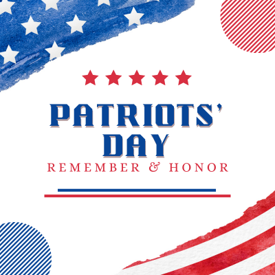 Graphic design for Patriots' Day featuring bold text, red and blue accents, and stars and stripes motifs.
