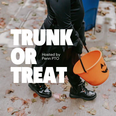 Trunk or Treat event promotional graphic featuring a person in a black outfit holding an orange pumpkin bucket.