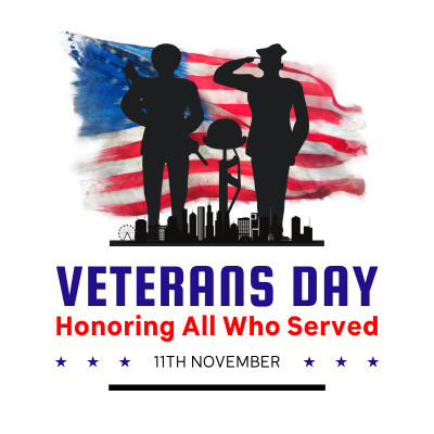 Veterans Day poster featuring silhouettes of military figures against an American flag backdrop, celebrating those who served.