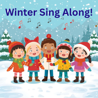 Cartoon illustration of five children happily singing together in a snowy landscape, with musical notes and festive decorations.