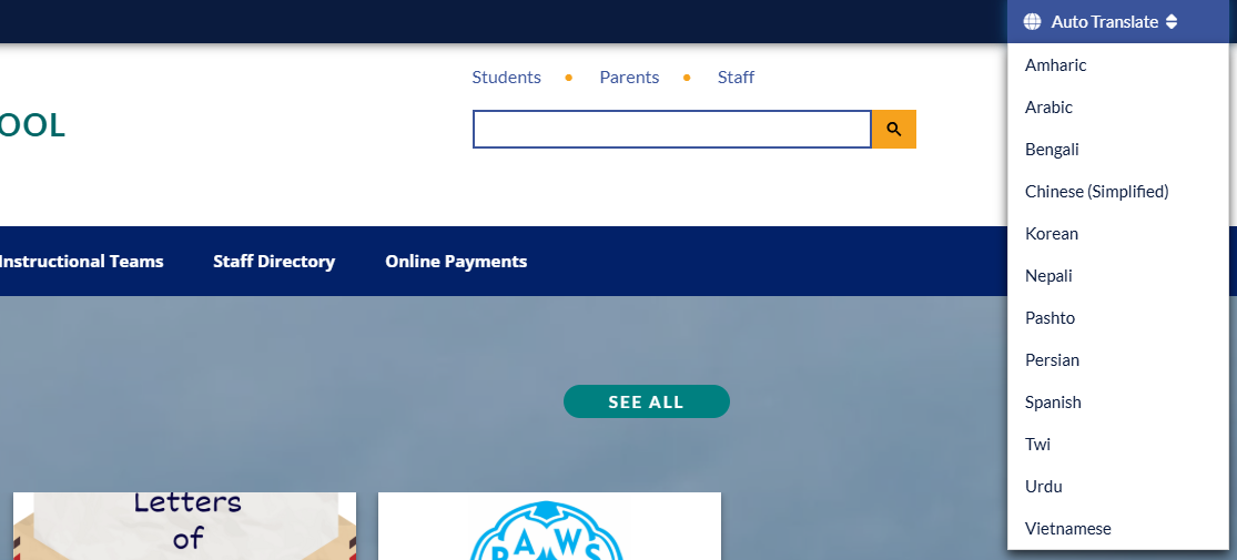 Screenshot of a school's website highlighting the "Auto Translate" feature with a dropdown menu for various language options.