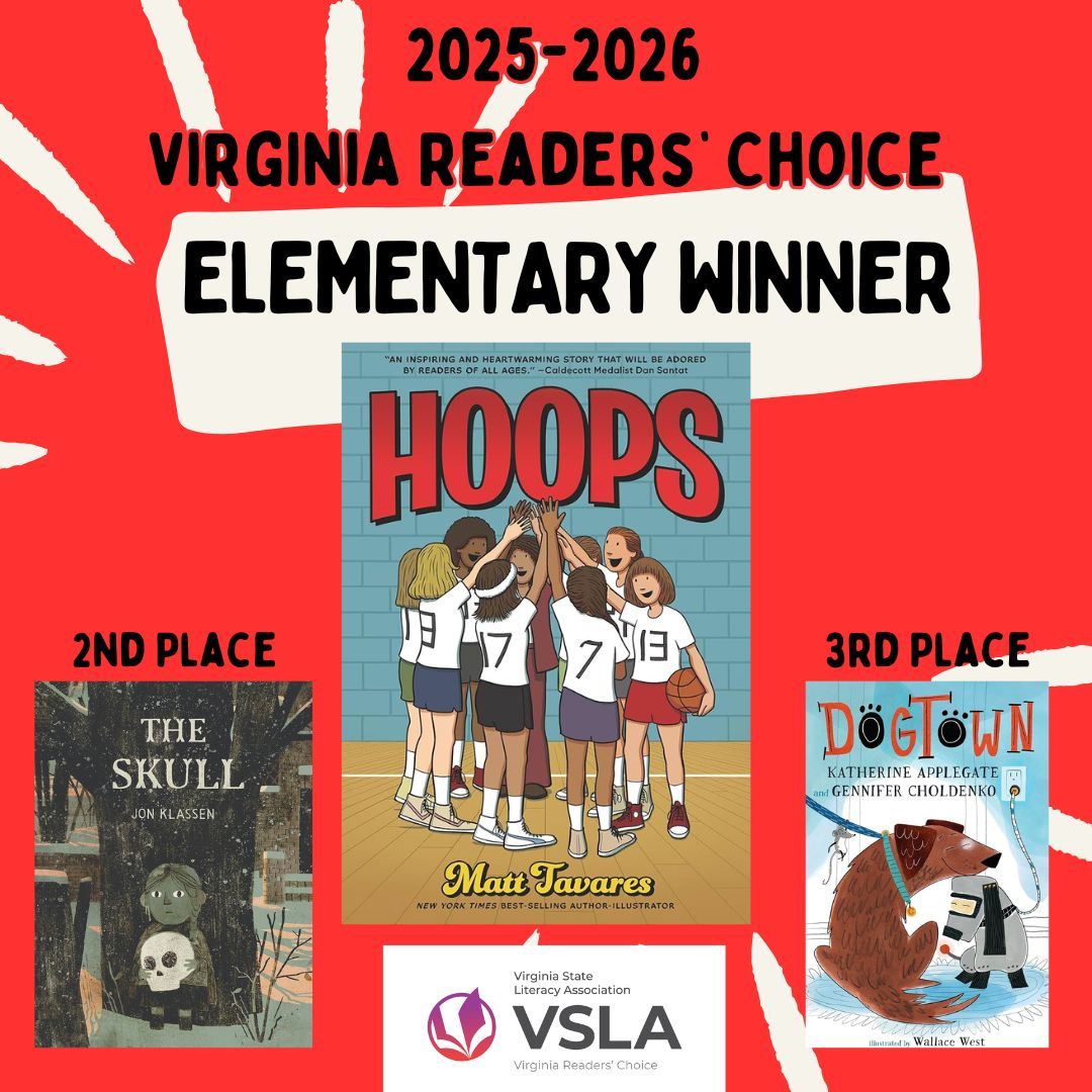 Poster announcing the 2025–2026 Virginia Readers’ Choice Elementary Winner, featuring the book cover for "Hoops" as the winner and "The Skull" (2nd place) and "Dogtown" (3rd place), with the VSLA logo
