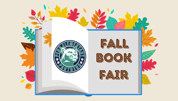Open book with colorful autumn leaves around it, showing a panther school emblem on the left page and the words “Fall Book Fair” on the right.