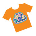 Colorful graphic t-shirt featuring the phrase "Be Kind" in a playful font.