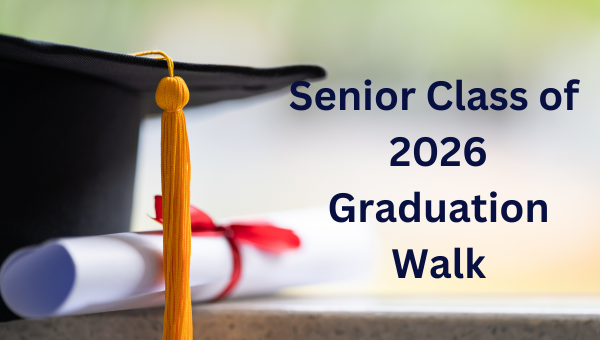 Graduation cap and rolled diploma with red ribbon beside text reading “Senior Class of 2026 Graduation Walk.”