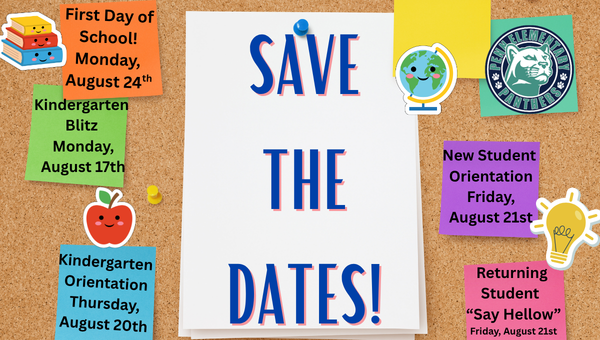 Corkboard-style “Save the Dates!” poster with colorful sticky notes listing back-to-school events and dates, decorated with school-themed icons like an apple, globe, and light bulb.
