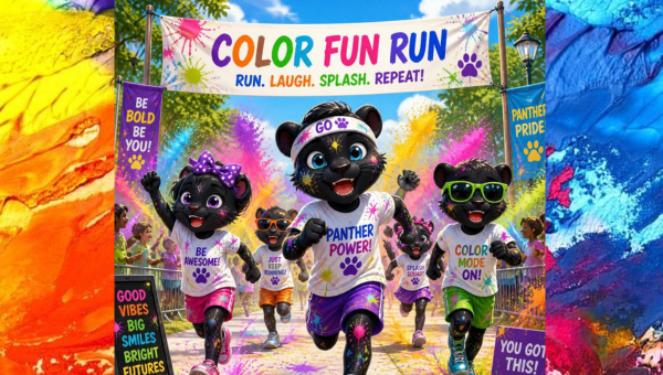 Colorful event poster for “Color Fun Run” showing cartoon panther runners covered in paint splashes racing under a banner that reads “Run. Laugh. Splash. Repeat!”.