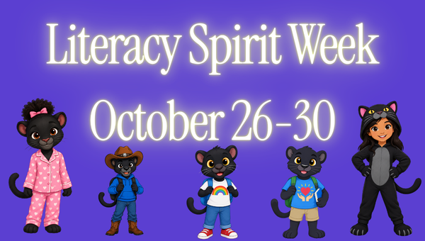 Purple “Literacy Spirit Week” poster for October 26–30, with five cartoon black cats in themed outfits (pajamas, cowboy, rainbow shirt, shorts and hoodie, and a cat costume) along the bottom.